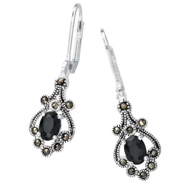 Silver Plated Genuine Oval Onyx Drop Earrings