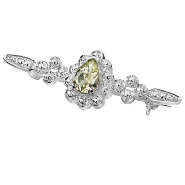 Silver Plated Pear Shaped Green Amethyst Pin