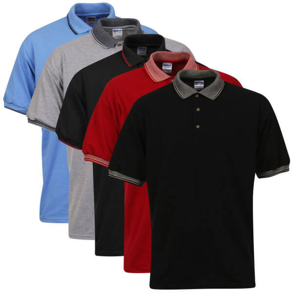 Gildan Men's 5-Pack Polo Shirts - Black/Grey/Red/Trim Black/Blue
