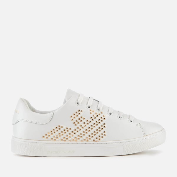 Emporio Armani Women's Marie Leather/Studs Cupsole Trainers - White/Gold