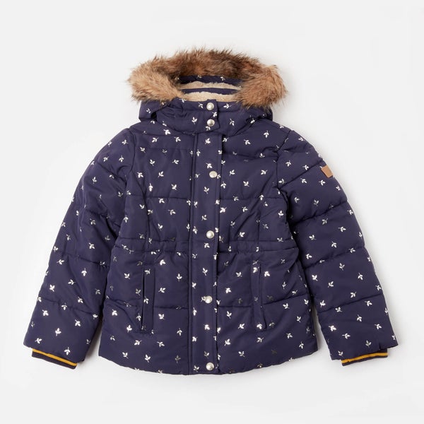Joules Girls' Stella Faux Fur Lined Padded Coat - Navy Silver Leaf