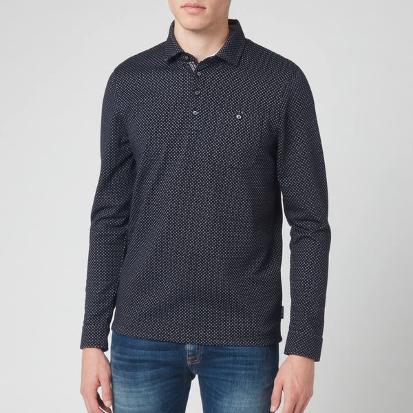 Ted Baker Men's Out Of Long Sleeve Jacquard Polo Shirt- Navy