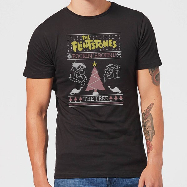 Flintstones Rockin Around The Tree Men's Christmas T-Shirt - Black