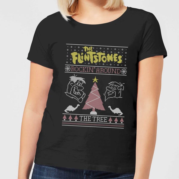 Flintstones Rockin Around The Tree Women's Christmas T-Shirt - Black