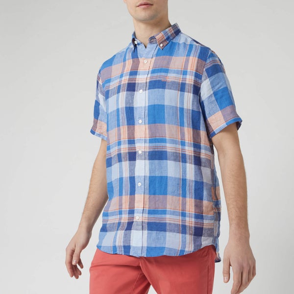 GANT Men's Linen Madras Red BD Short Sleeve Shirt - Hamptons Blue