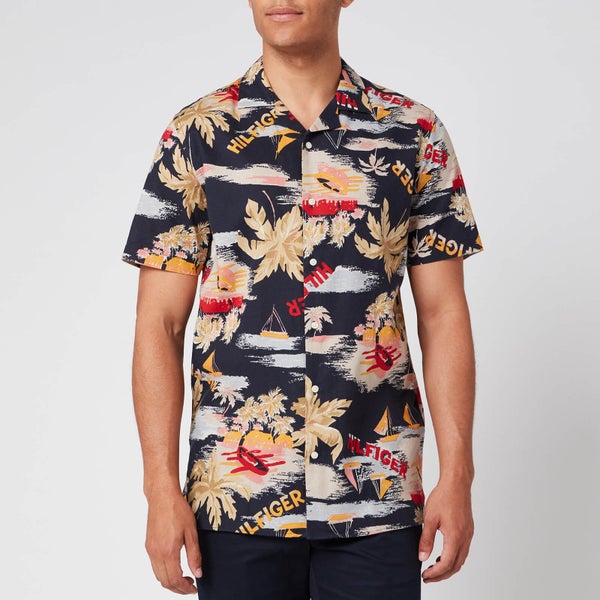 Tommy Hilfiger Men's Hawaiian Print Shirt Short Sleeve Shirt - Desert Sky/Silver Birch/Multi