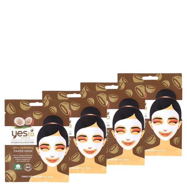 Набор увлажняющих тканевых масок для лица с экстрактом кокоса yes to Coconut Ultra Hydrating Paper Single Use Mask, 4 шт