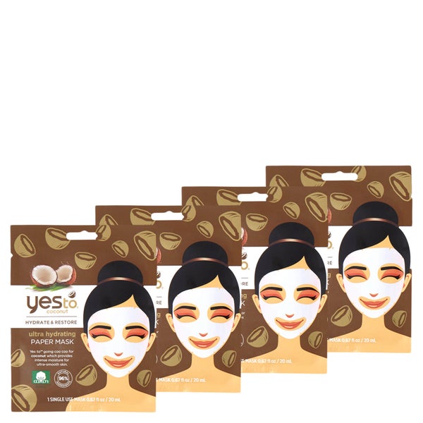 yes to Coconut Ultra Hydrating Paper maschera singolo utilizzo (Pacchetto da 4)