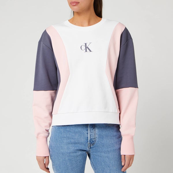 Calvin Klein Jeans Women's Colour Block Crew Neck Sweatshirt - Bright White/Pink/Abstract Grey
