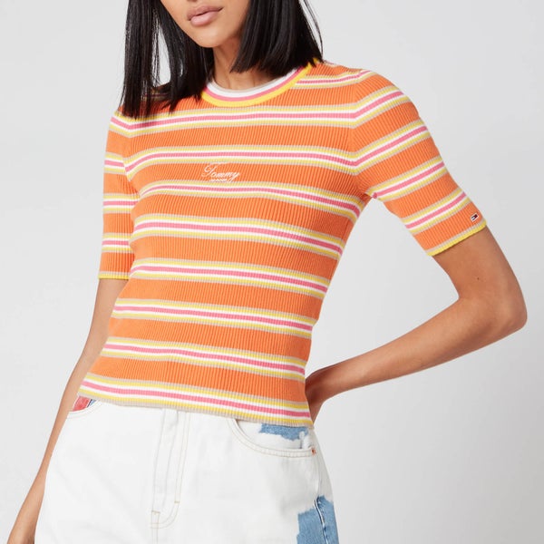 Tommy Jeans Women's Stripe 3/4 Sleeve Sweater - Rustic Orange/Multi