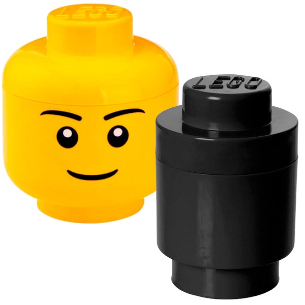 LEGO Storage Head & Round Brick Bundle (Includes 1 Small Boy Head and 1 Round Brick Black)