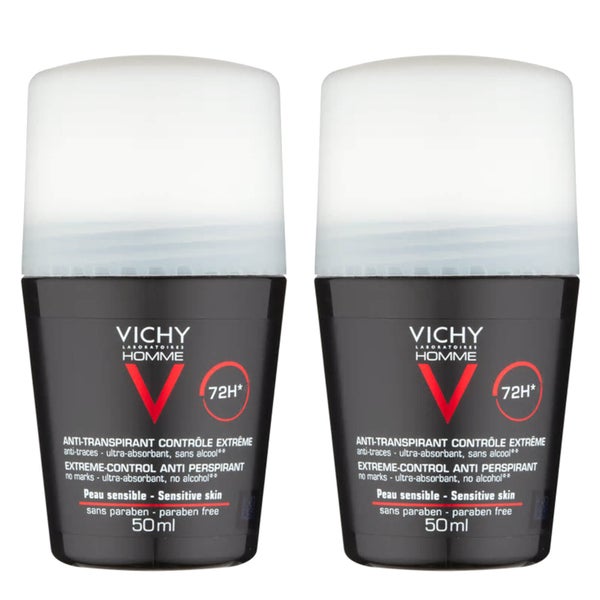 VICHY Homme Men's Extreme-Control Anti-Perspirant Roll-on Deodorant Duo for Sensitive Skin 50ml