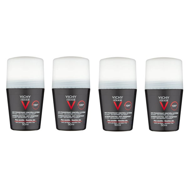 VICHY Homme Men's Extreme-Control Anti-Perspirant Roll-on Deodorant Set for Sensitive Skin 4 x 50ml