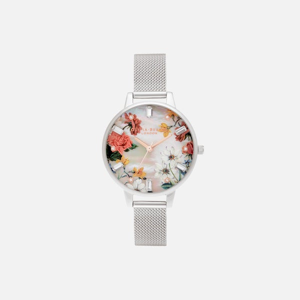 Olivia Burton Women's Sparkle Florals Demi Mop Dial Watch - Silver Mesh