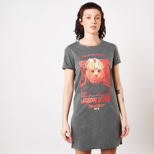 Friday the 13th Jason Lives Women's T-Shirt Dress - Black Acid Wash