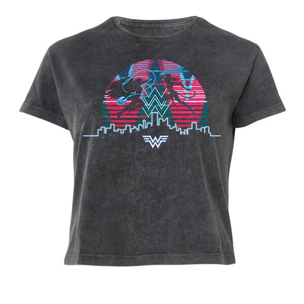 Wonder Woman Retro Skyline 84 Women's Cropped T-Shirt - Black Acid Wash