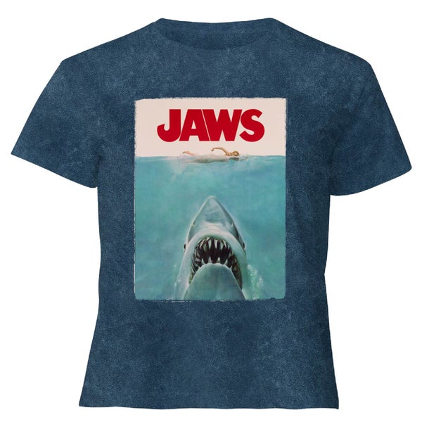 Jaws Classic Poster - Women's Cropped T-Shirt - Navy Acid Wash