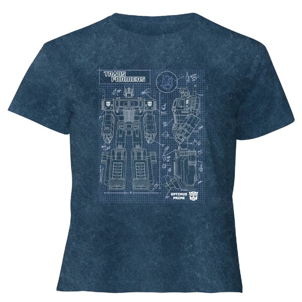 Transformers Optimus Prime Schematic - Women's Cropped T-Shirt - Navy Acid Wash