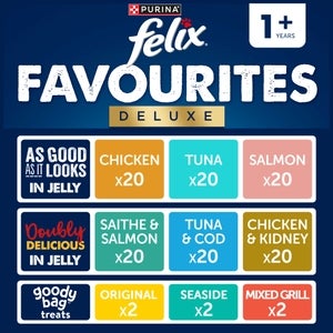 Felix Favourites Pre-Mixed Deluxe Bundle Adult Wet Cat Food 120x100g + 6 Goody Bag Treats