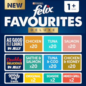 Felix Favourites Pre-Mixed Deluxe Bundle Adult Wet Cat Food 120x100g + 6 Goody Bag Treats