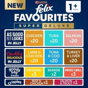 Felix Favourites Pre-Mixed Super Deluxe Bundle Adult Wet Cat Food 120x100g + 10 Felix Treats