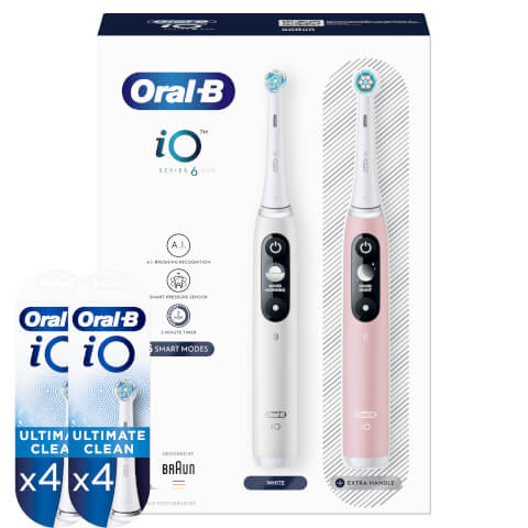Oral-B iO6 Series Duo Pack White/Pink Sand Extra Toothbrush + 8 Refills