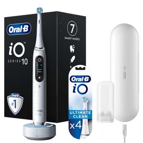 Oral B iO10 Stardust White Electric Toothbrush with Charging Travel Case + 4 Refills