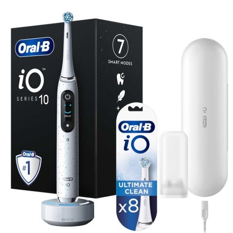 Oral B iO10 Stardust White Electric Toothbrush with Charging Travel Case + 8 Refills