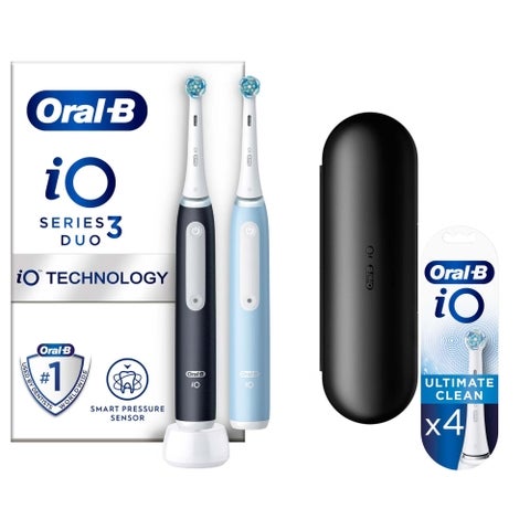 Oral-B iO3 Duo Pack - Matte Black and Ice Blue with Travel Case +4 Refills