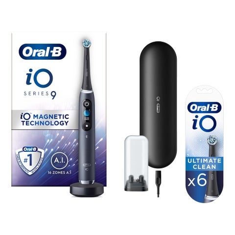 Oral B iO - 9 - Electric Toothbrush Black Designed by Braun with Charging Travel Case +6 Refills
