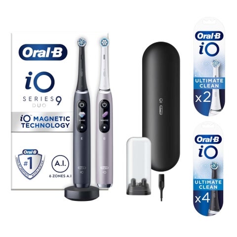 Oral B iO9 Duo Pack of Two Electric Toothbrushes, Black Lava & Rose Quartz +6 Refills