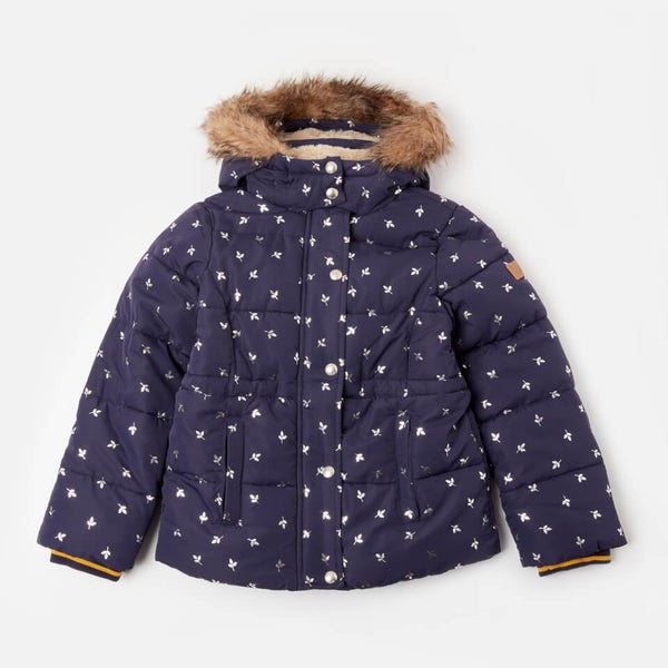 Joules Girls Stella Faux Fur Lined Padded Coat Navy Silver Leaf