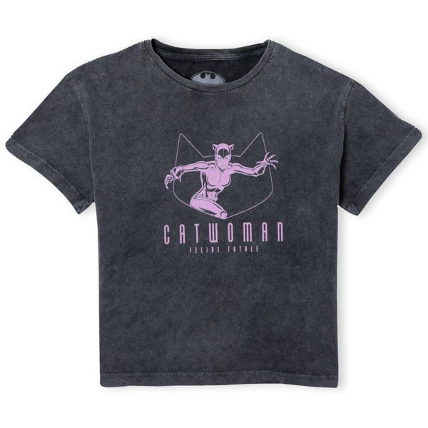 Batman Villains Catwoman Women’s Cropped T-Shirt – Black Acid Wash