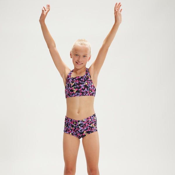 Girls Printed Boyleg Bikini Black Pink Speedo