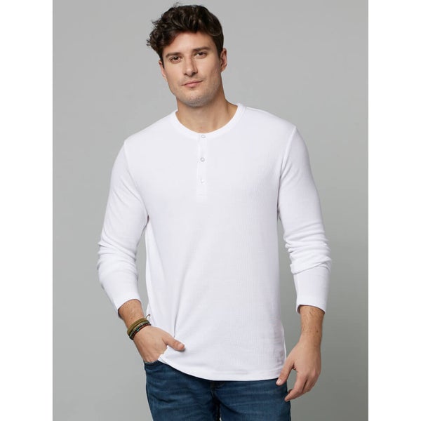 White Henley Neck Long Sleeves Cotton T shirt CEPLAYIN Celio
