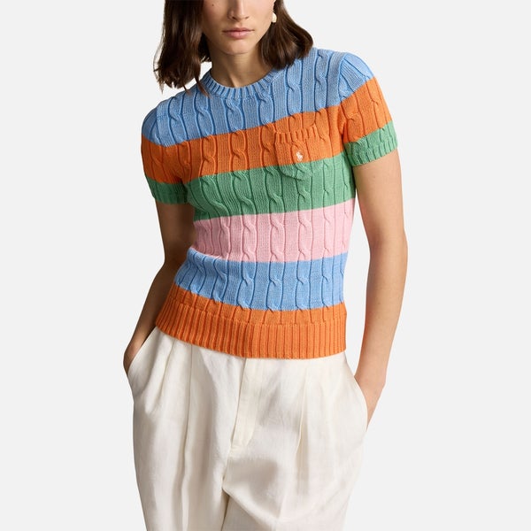 ★★POLO RALPH LAUREN★★ W Stripe Cable Knit Polo Shirt Mul Polo Ralph Lauren Striped Cable Knit Polo Shirt in Blue | Lyst