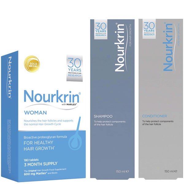 Pack vitamines soin des cheveux Nourkrin Woman - 180 cachet + shampooin et après-shampoing gratis (2x150ml)