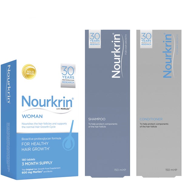 Nourkrin Woman Hair Growth Supplements ชุด 12 เดือนพร้อมแชมพูและครีมนวด x4