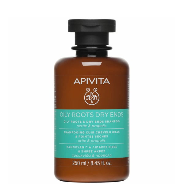 Champú equilibrante para raíz grasa y puntas secas para el cuidado holístico del cabello de APIVITA - ortiga y propóleo 250 ml