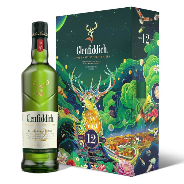 Glenfiddich 12 Year Old Single Malt Scotch Whisky, 2022 Chinese New Year Limited Edition Gift Bottle & Glass Set, 70cl