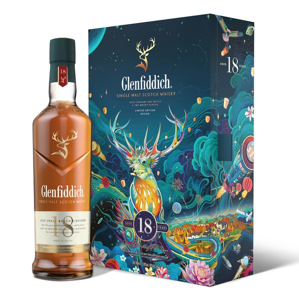 Glenfiddich 18 Year Old Single Malt Scotch Whisky, 2022 Chinese New Year Limited Edition Gift Bottle & Glass Set, 70cl