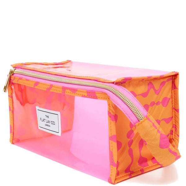 The Flat Lay Co. Open Flat Makeup Jelly Box Bag - Pink Dribbles on Orange