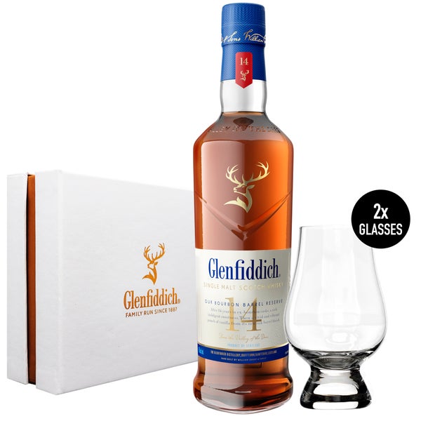 Glenfiddich 14 Year Old Bourbon Barrel Reserve Single Malt Scotch Whisky 70cl + 2 Glencairn Glasses in a Presentation Box