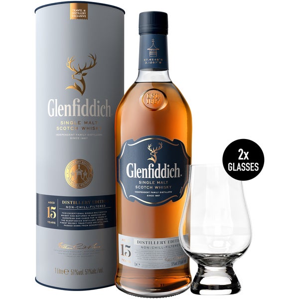Glenfiddich 15 Distillery Edition Tasting Set with 2 x Glencairn Whisky Glasses