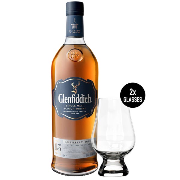 Glenfiddich Distillery Edition 15 Year Old Single Malt Scotch Whisky 1L + 2 Glencairn Glasses in a Presentation Box