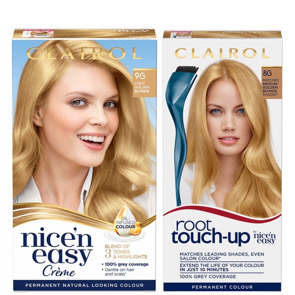 Clairol Root Touch-Up 8G Medium Golden Blonde x Nice'n Easy Permanent 9G Light Golden Blonde Bundle