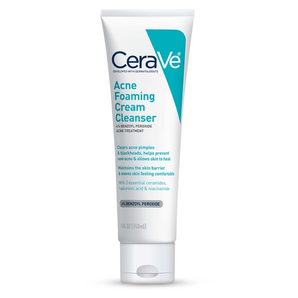 CeraVe Acne Foaming Cream Cleanser, Acne Treatment Face Wash with 4% Benzoyl Peroxide and Niacinamide (5 fl. oz)