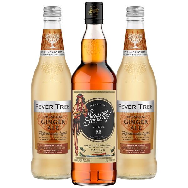 Sailor Jerry Spiced Rum & Ginger Ale Cocktail Bundle, 1 x 70cl Sailor Jerry Spiced Rum, 2 x 500ml Light Fever-Tree Ginger Ale