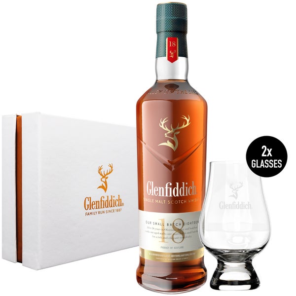 Glenfiddich 18 Year Old Single Malt Scotch Whisky Gift Set with 2 x Glencairn Whisky Glasses