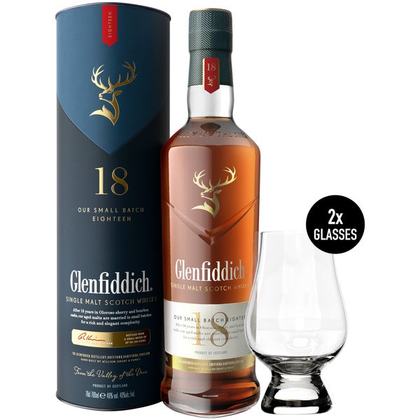 Glenfiddich 18 Year Old Tasting Set with 2 x Glencairn Whisky Glasses